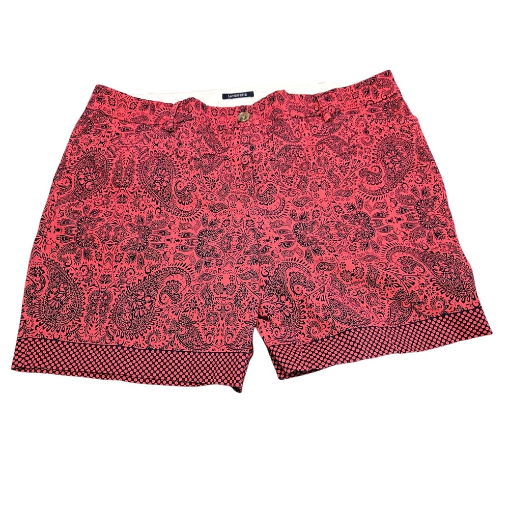 Lands End Shorts Womens 18 Red Paisley Mid Rise Chino Casual Resort Island Artsy